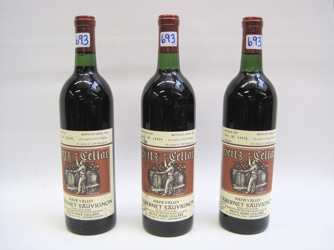 Appraisal: THREE AUTOGRAPHED BOTTLES OF CALIFORNIA CABERNET SAUVIGNON Heitz Wine Cellars