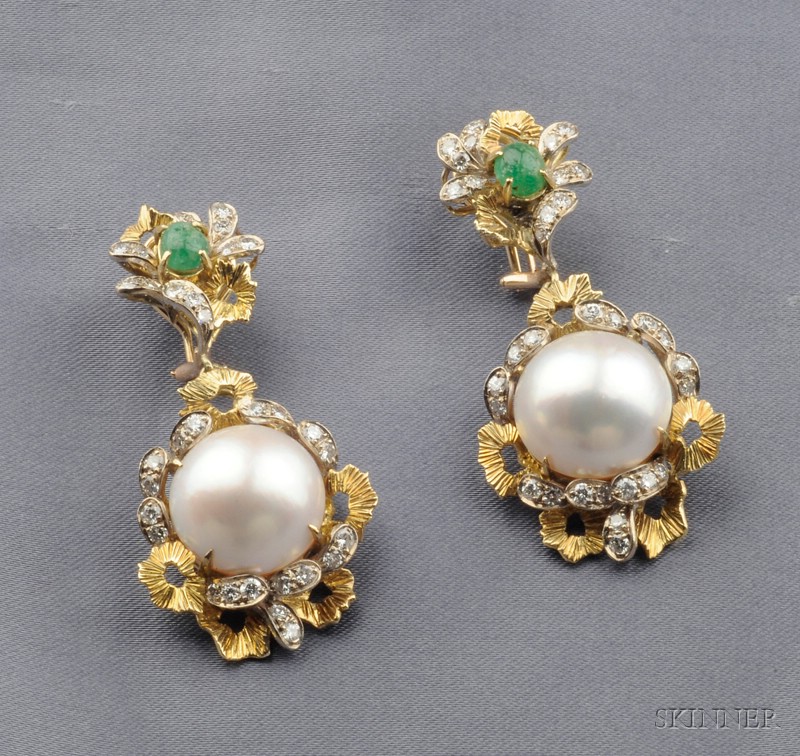 Appraisal: kt Gold Mabe Pearl Emerald and Diamond Earpendants each designed