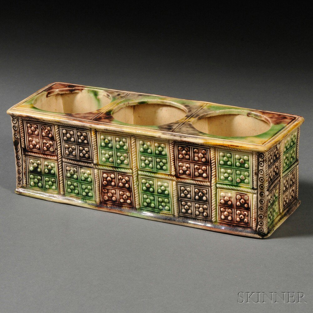 Appraisal: Staffordshire Cream-colored Earthenware Triple-well Inkstand England c rectangular shape with