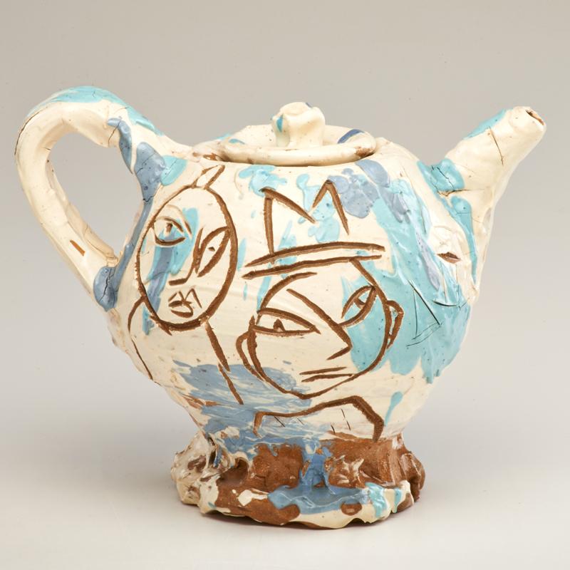 Appraisal: KIRK MANGUS Couple with Stranger teapot Ohio Sgraffito-decorated glazed earthenware