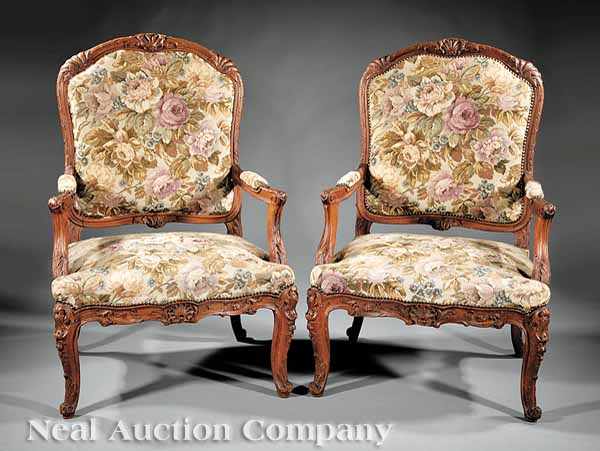 Appraisal: A Pair of Fine Antique R gence-Style Carved Walnut Fauteuils