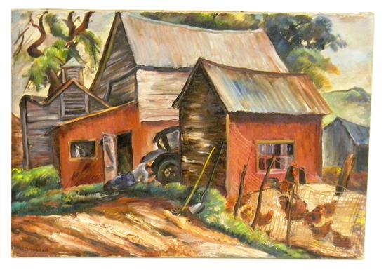 Appraisal: Marion Huse - oil on canvas ''Red Barn and Chicken