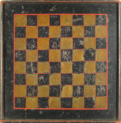 Appraisal: Painted walnut gameboard ca with yellow and black squares outlined