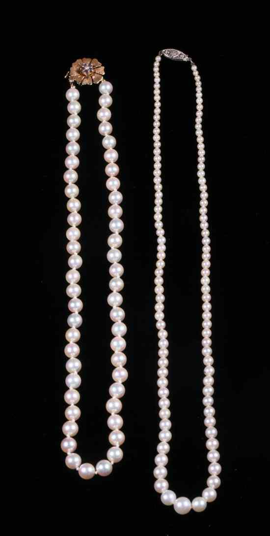 Appraisal: TWO CULTURED PEARL CHOKERS One with matched mm pearls joined