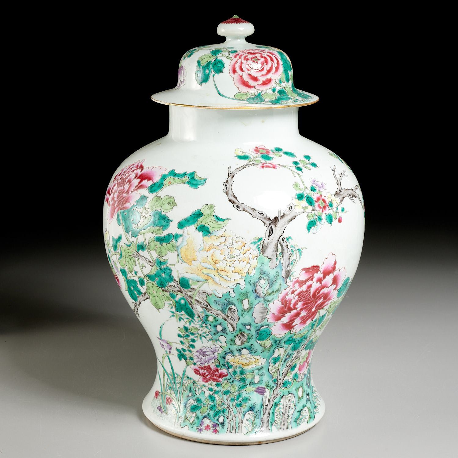 Appraisal: CHINESE FAMILLE ROSE GINGER JAR AND COVER Qing Dynasty likely