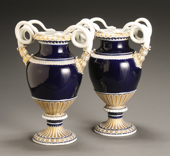 Appraisal: Pair of Meissen Parcel Gilt Decorated Cobalt Blue Ground Urns