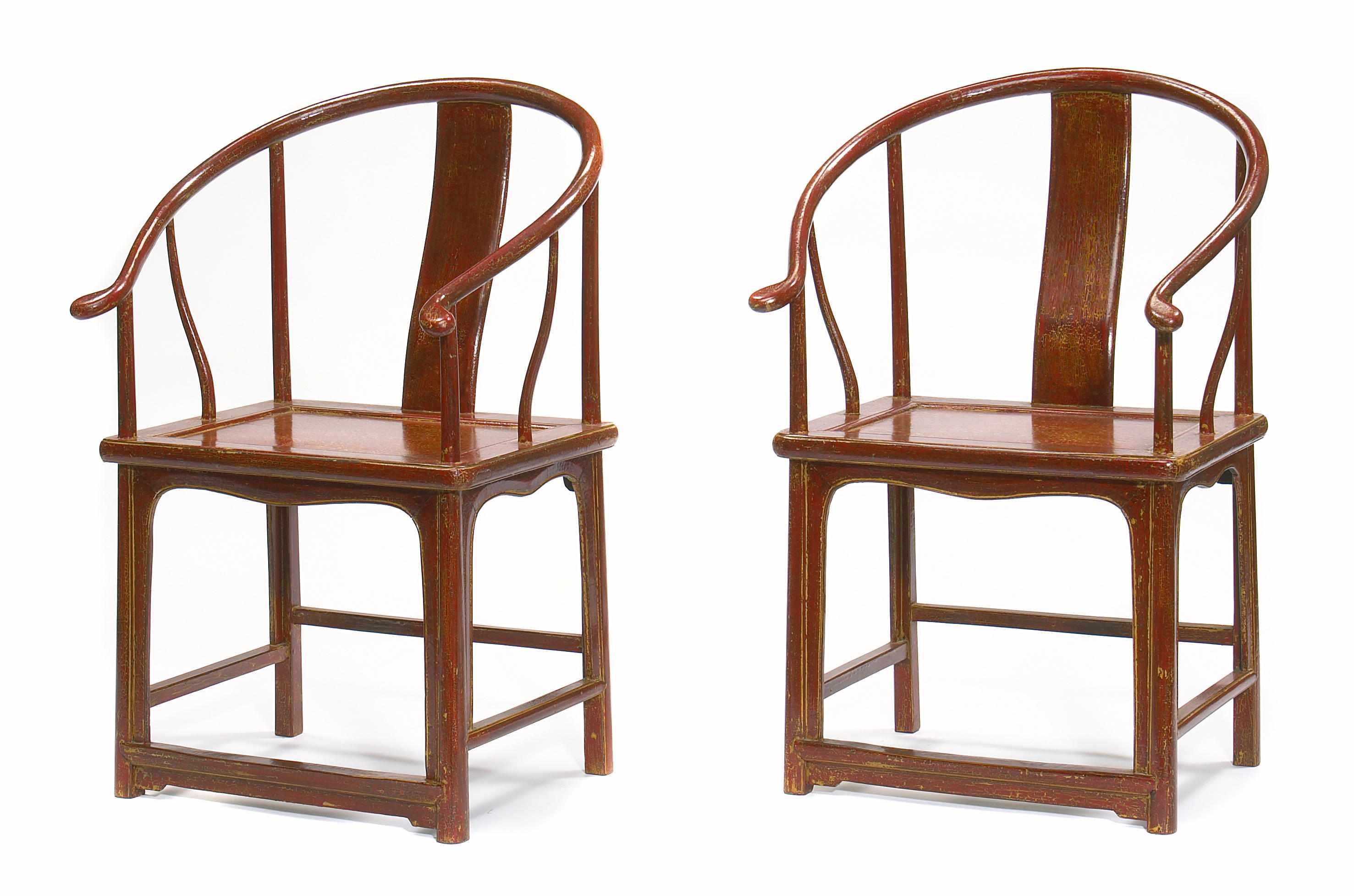 Appraisal: A pair of Chinese horseshoe back red lacquered chairs height