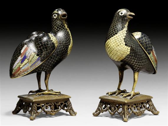 Appraisal: A PAIR OF CLOISONN QUAILS China th th c Height