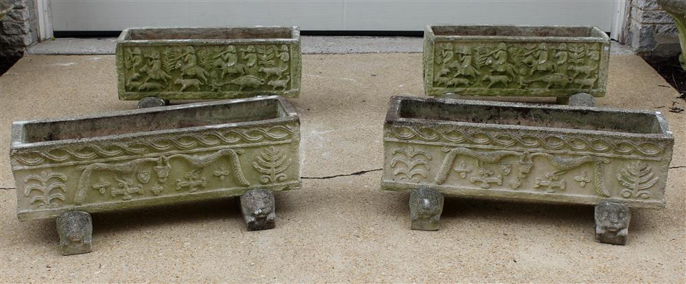 Appraisal: TWO PAIRS OF SIMILAR RECTANGULAR CONCRETE GARDEN PLANTERS FEATURING FIGURES