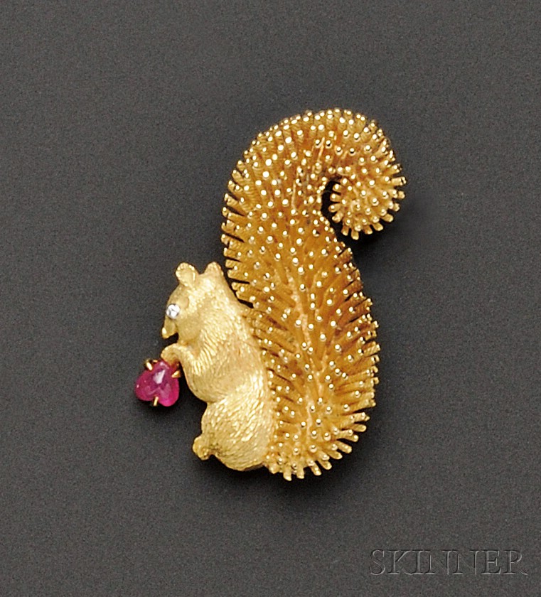 Appraisal: kt Gold and Ruby Squirrel Clip Brooch France the bushy-tailed