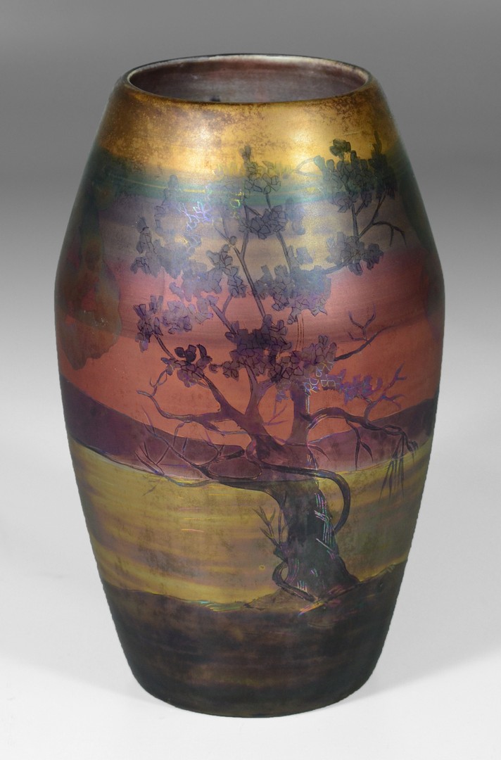 Appraisal: Weller Lasa Pottery iridescent landscape vase - h