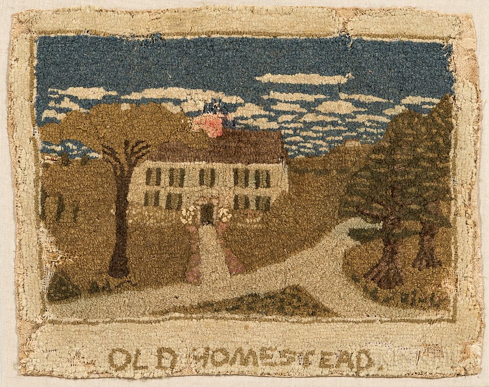 Appraisal: Yarn-sewn Old Homestead Mat Yarn-sewn Old Homestead Mat America c