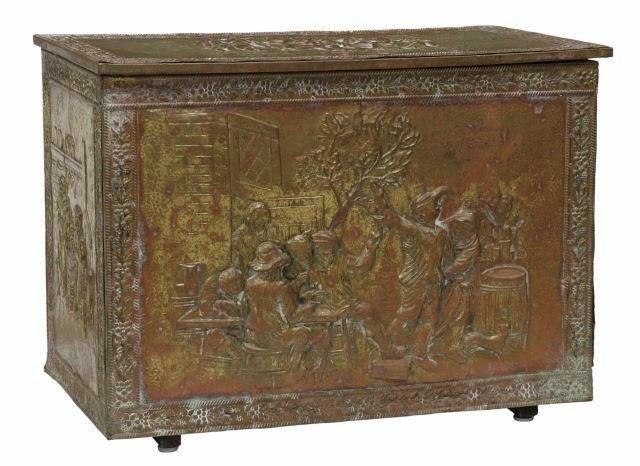 Appraisal: English repousse brass-clad storage trunk kindling box late th c