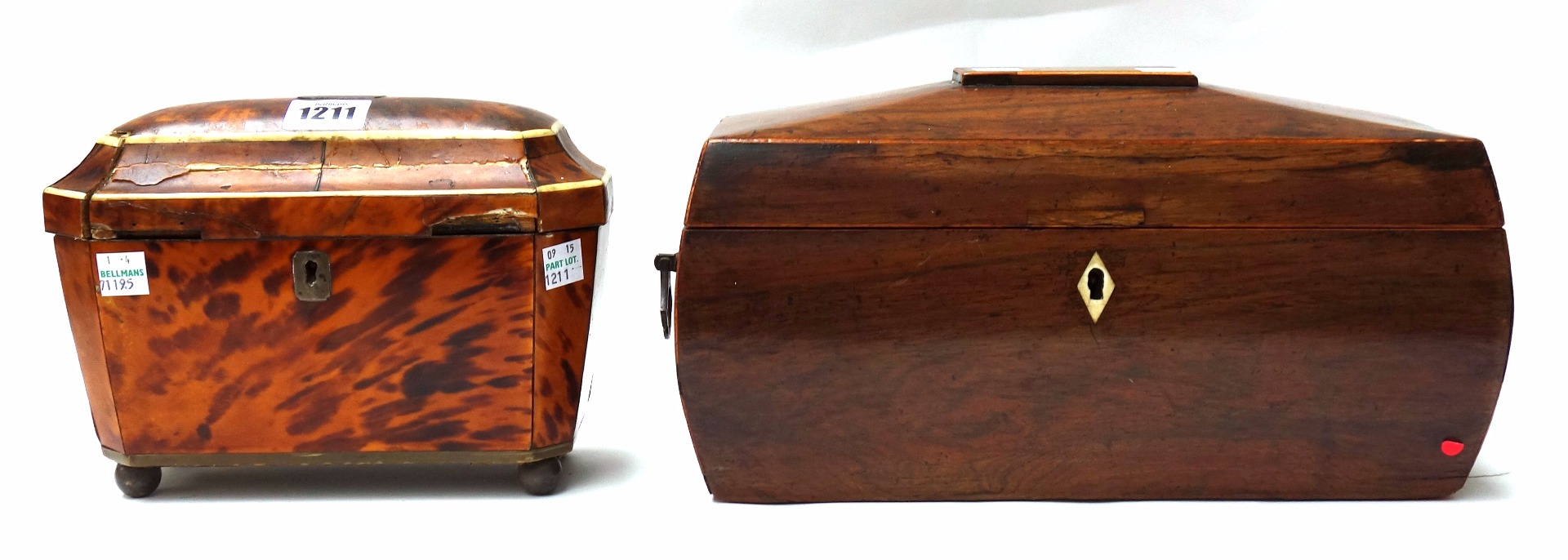 Appraisal: A Regency blonde tortoiseshell twin division tea caddy of sarcophagus