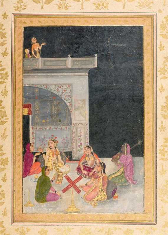 Appraisal: PLAYING LADIES ON A TERRACE MINIATURE PAINTING India Mughal th