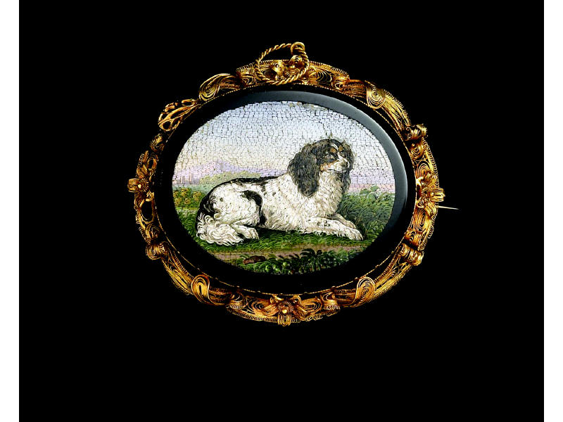 Appraisal: ANTIQUE MICRO MOSAIC DOG BROOCH k yellow gold micro mosaic