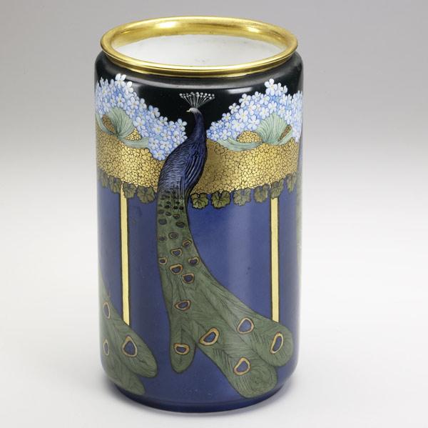 Appraisal: CHINA PAINTINGPorcelain vase finely painted with peacocks on Austrian blankA