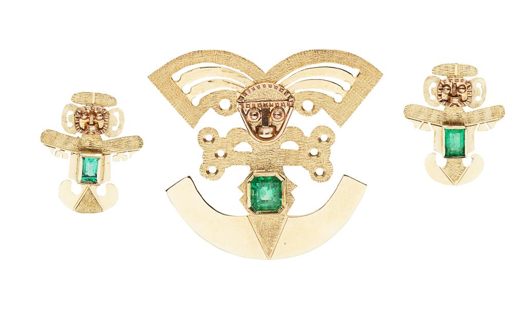 Appraisal: An Aztec inspired brooch and matching earrings each of stylized