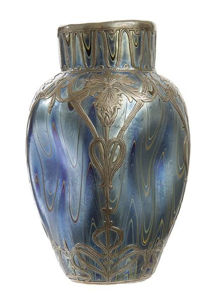 Appraisal: A LOETZ SILVER OVERLAY IRIDESCENT GLASS VASE the swirling blue