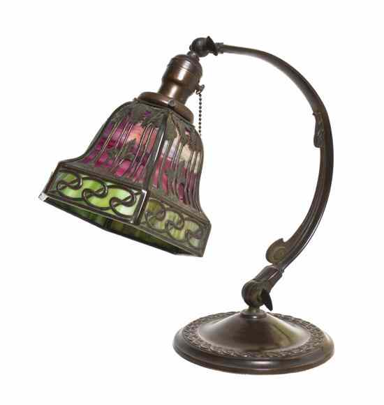 Appraisal: A Handel Bronze and Slag Glass Desk Lamp the hexagonal