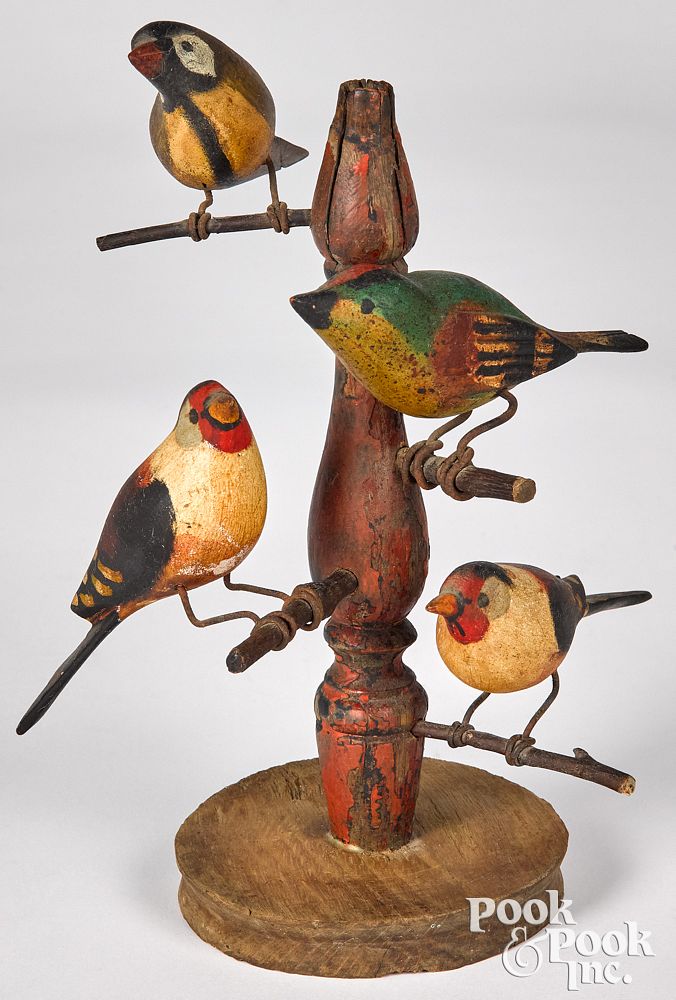 Appraisal: Carved and painted bird tree ca Carved and painted bird