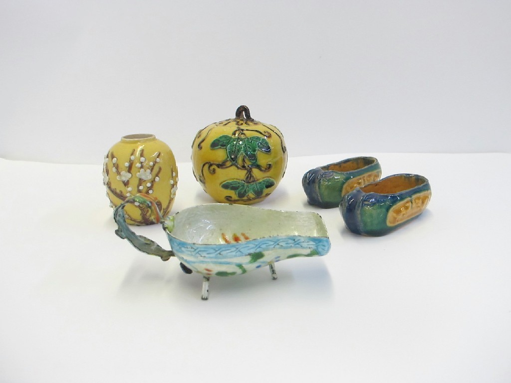 Appraisal: Chinese enamelled jug pair of glazed shoe ornaments vase and