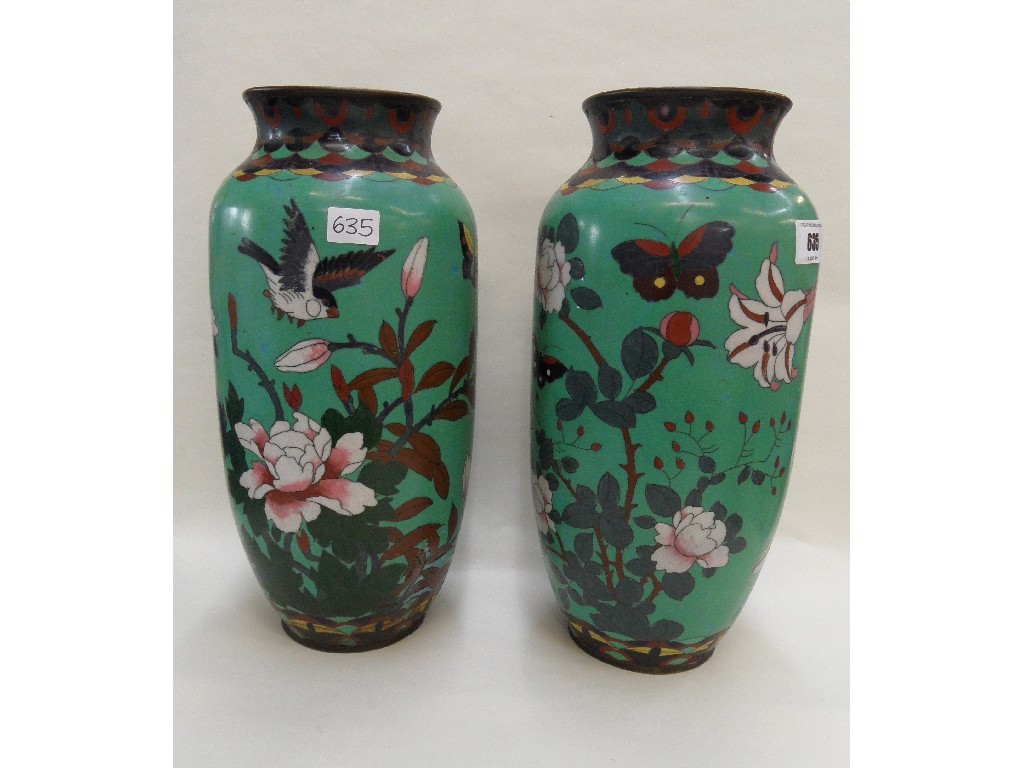 Appraisal: Large pair of Cloisonne vases decorated with peonies and butterflies