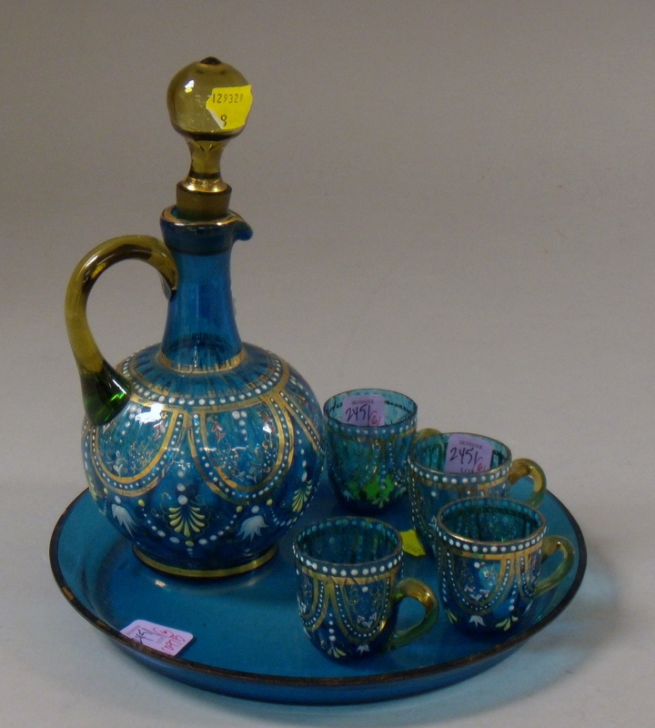 Appraisal: Six-piece Enamel Decorated Blue Glass Cordial Set possibly Bohemian