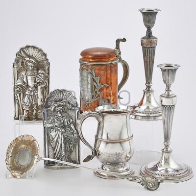 Appraisal: SEVEN SILVER PLATE AND MIXED METAL ITEMS Pairpoint mixed copper