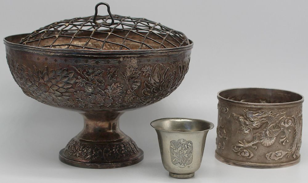 Appraisal: SILVER Grouping of Asian Silver Hollow Ware Includes a small