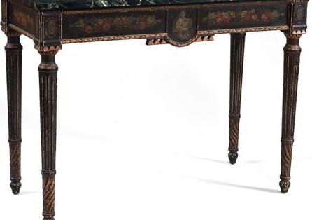 Appraisal: CONTINENTAL NEOCLASSICAL STYLE CARVED BLACK PAINTED AND DECORATED CONSOLE TABLE