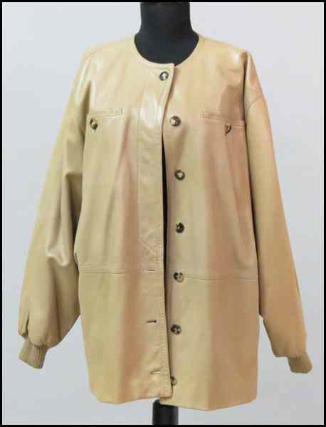 Appraisal: VALENTINO TAN LEATHER JACKET Collarless jacket bears seven buttons along