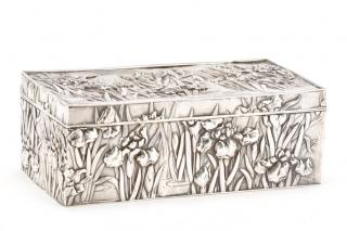 Appraisal: Japanese Silver Dresser Box with Irises Japanese Export early th