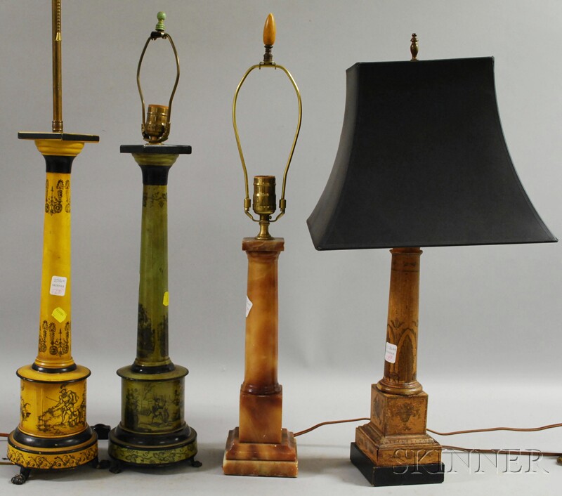 Appraisal: Three French-style Penwork-decorated Metal Columnar Table Lamps and a Marble