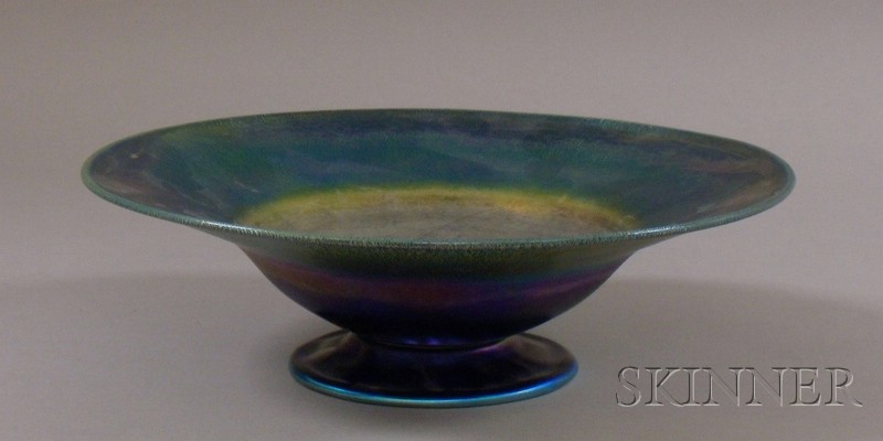 Appraisal: Tiffany-style Blue Favrile Art Glass Footed Center Bowl spurious etched