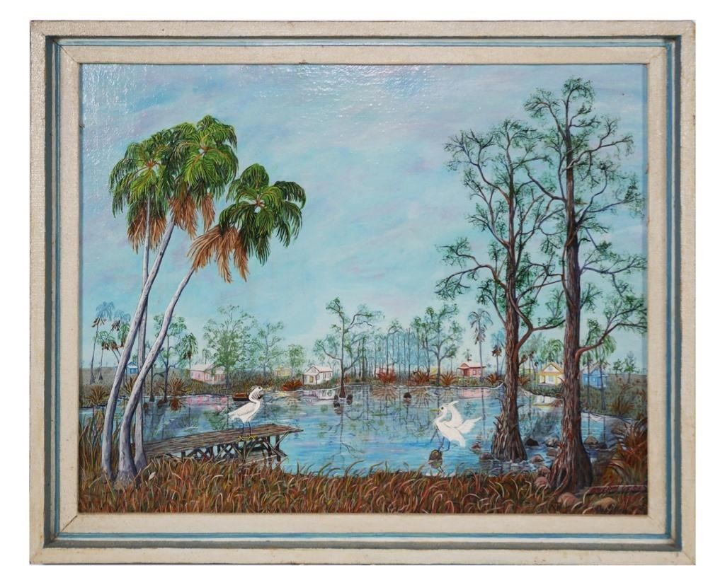 Appraisal: Folk art painting showing stilt houses in a Florida Swamp