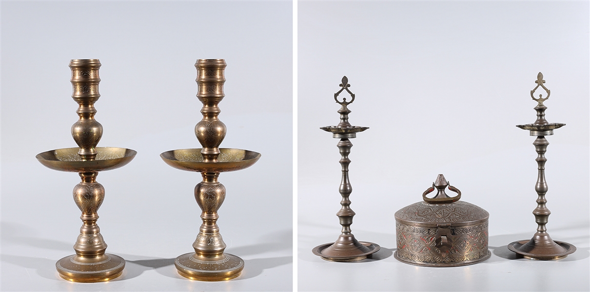 Appraisal: Group of five Indian metalworks including pair of bronze oil