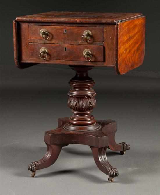 Appraisal: George IV carved mahogany two-drawer drop-leaf worktable circa with carved