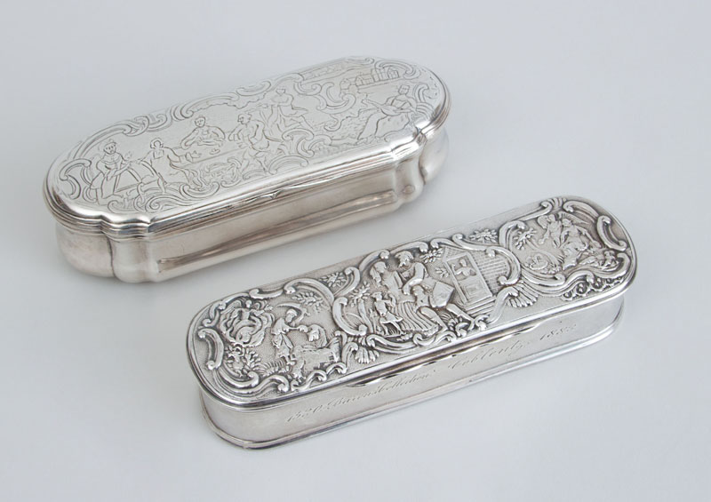 Appraisal: TWO CONTINENTAL SILVER TOBACCO BOXES The one inscribed Baron's Collection