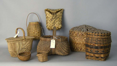 Appraisal: Nine woven baskets to include Maine Indian baskets