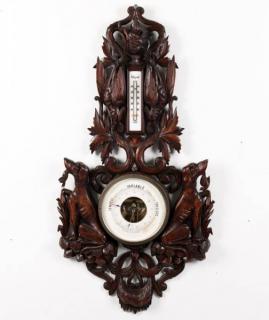 Appraisal: BLACK FOREST STYLE CARVED WALNUT BAROMETER WITH CARVED ANIMALS H