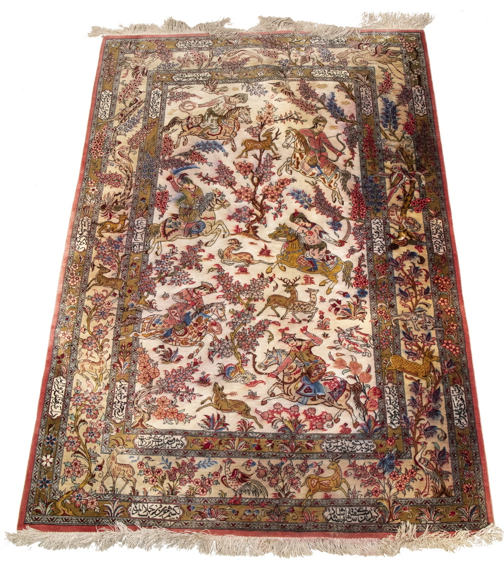 Appraisal: TABRIZ SILK HUNTING RUG ' X ' Tabriz silk Hunting