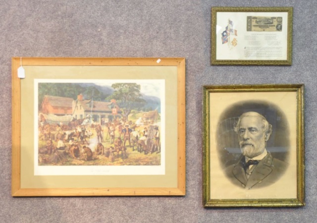 Appraisal: Three Framed PiecesIncluding confederate note with poem engraving of Robert