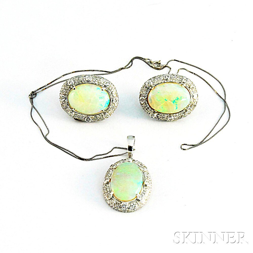 Appraisal: kt White Gold Opal and Diamond Suite a pendant and