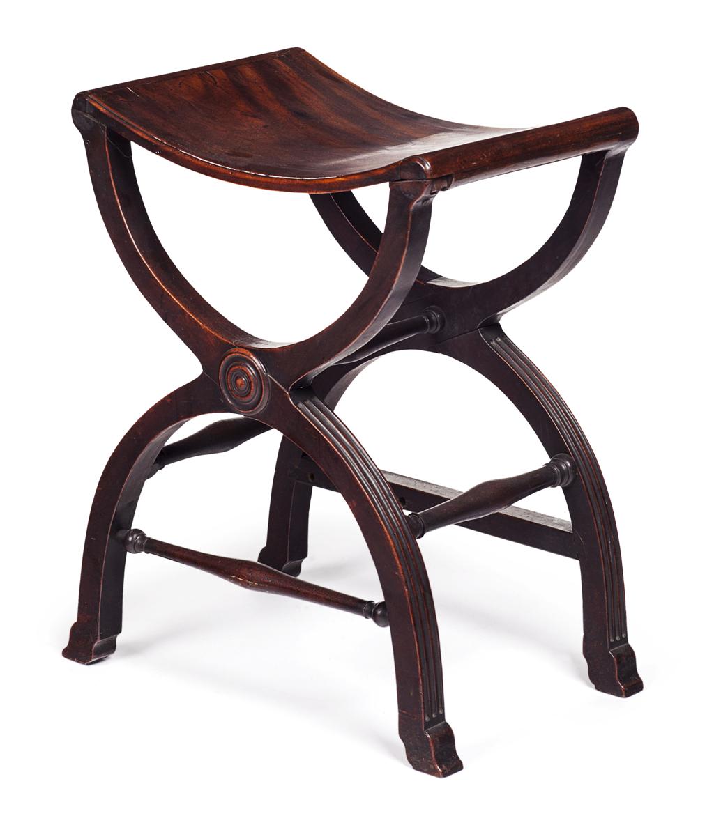 Appraisal: REGENCY X-FRAME HALL SEAT CIRCA the curved panel seat raised