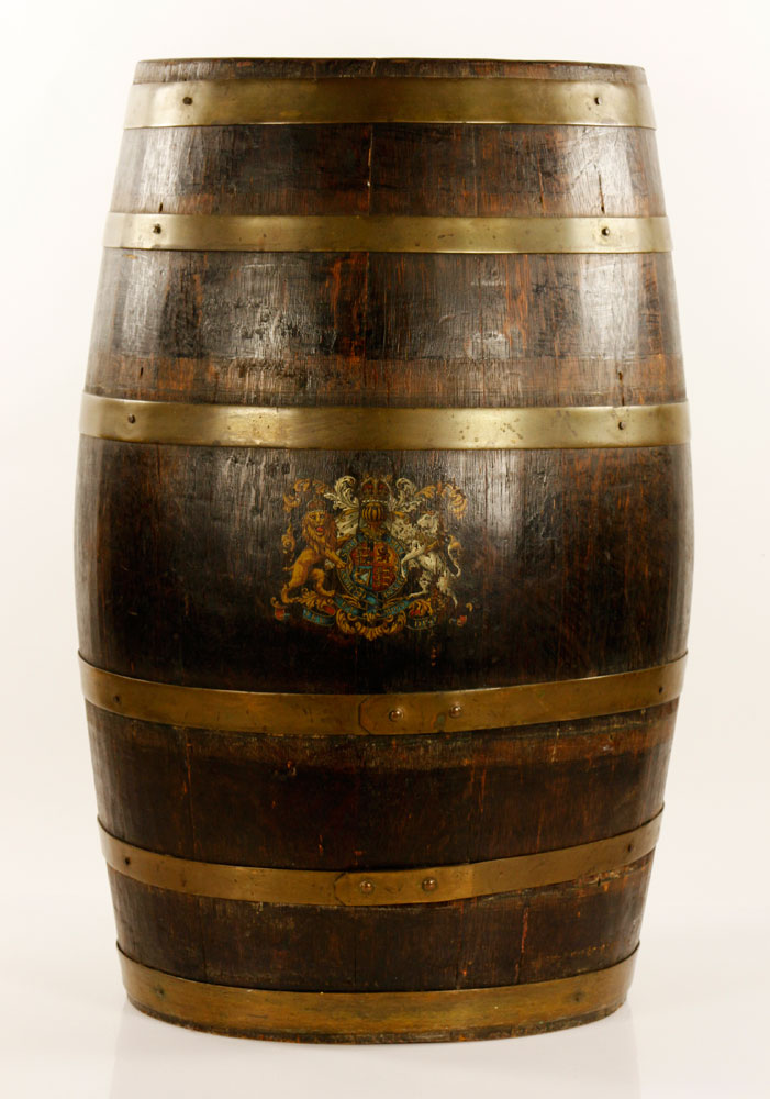 Appraisal: - Oak Barrel Oak barrel with armorial seal and brass