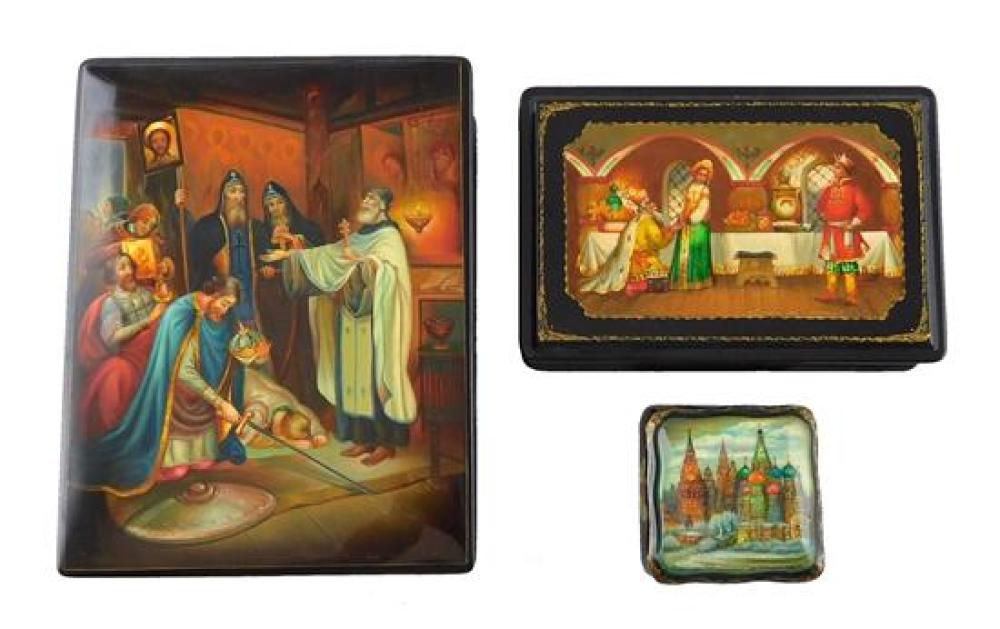 Appraisal: Russian hand-painted lacquer boxes group of three two with Mother