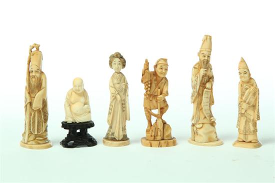 Appraisal: SIX FIGURAL IVORY CARVINGS Asian st half- th century Geisha