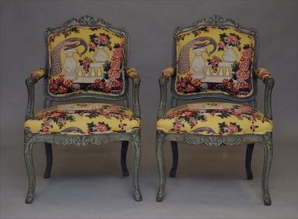 Appraisal: Pair of Louis XV-Style Green-Painted Fauteuil