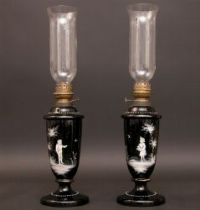 Appraisal: Impressive Pair of Mary Gregory Oil Lamps Bohemian Black Amethyst